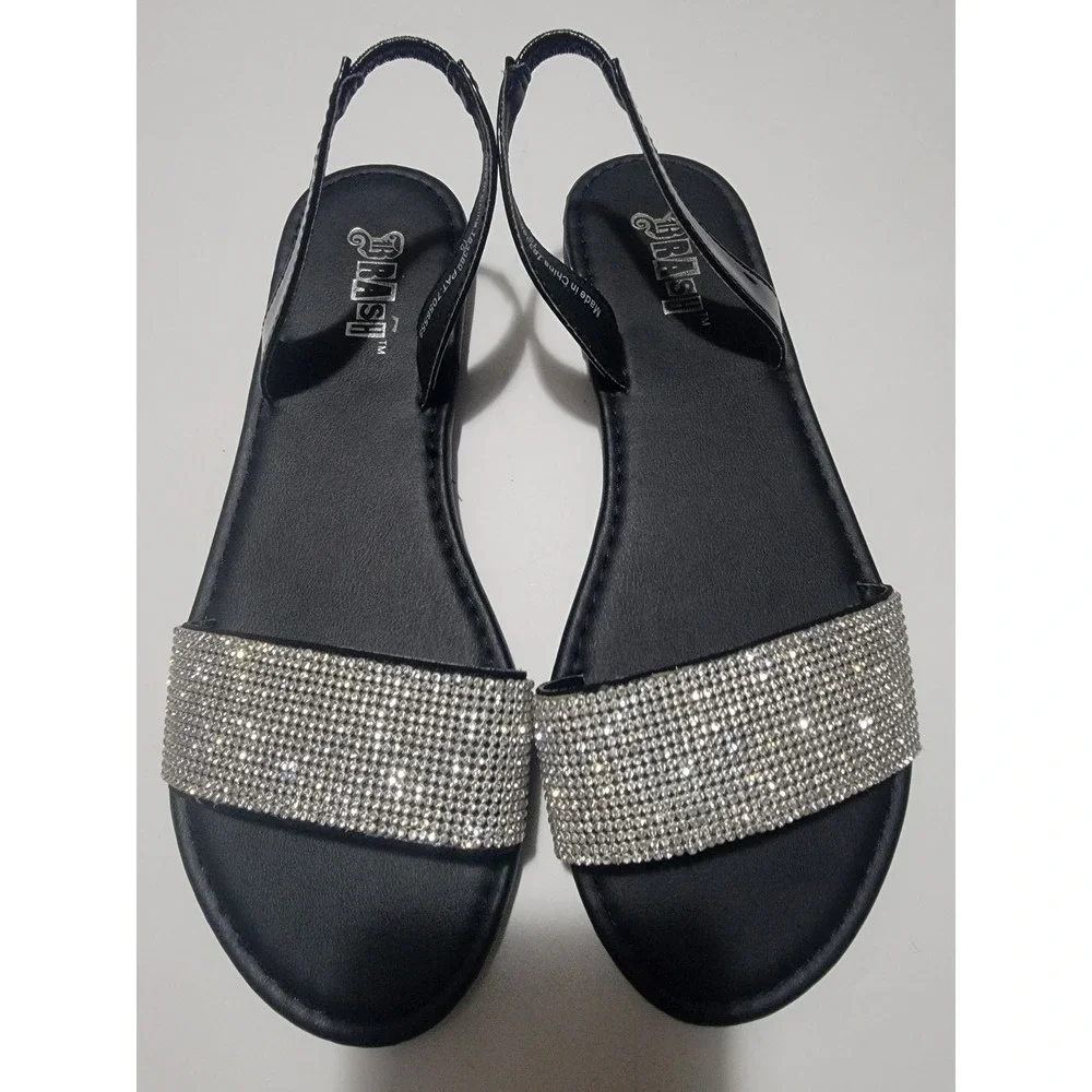 Brash Black Rhinestone Slingback Flat‎ Sandals and Matching Belt Set Sz 8 L Belt